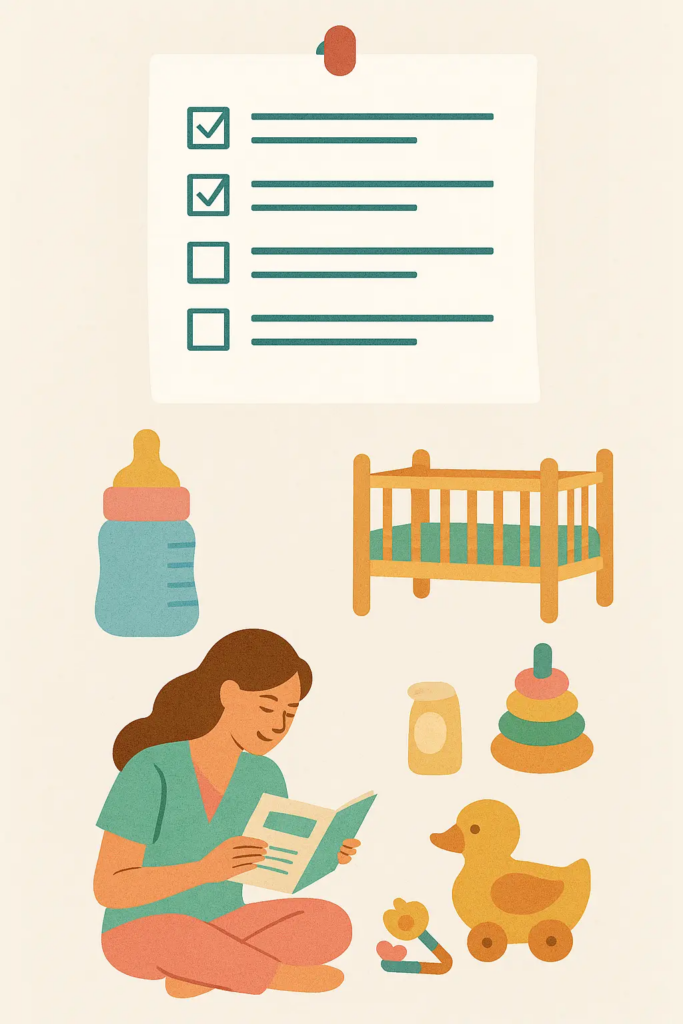 Illustration colorée d’articles essentiels pour bébé : biberon, vêtements, lit, jouets – cadeaux de naissance, produits testés