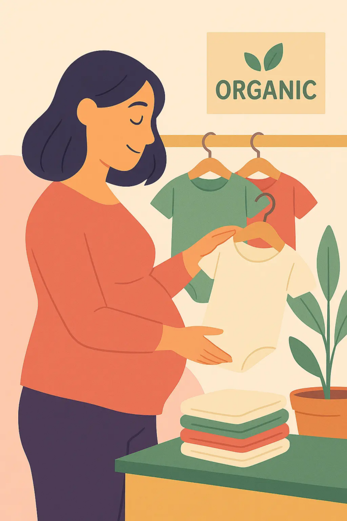 Maman choisissant un body bio pour son futur bébé Une femme enceinte souriante choisit un body en coton bio dans un magasin de vêtements pour bébé, devant un panneau “ORGANIC”.