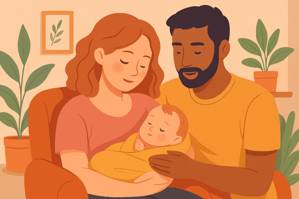 Maman berçant tendrement son nouveau-né pendant le quatrième trimestre, illustrant le post-partum bienveillant et l’attachement parent-enfant.