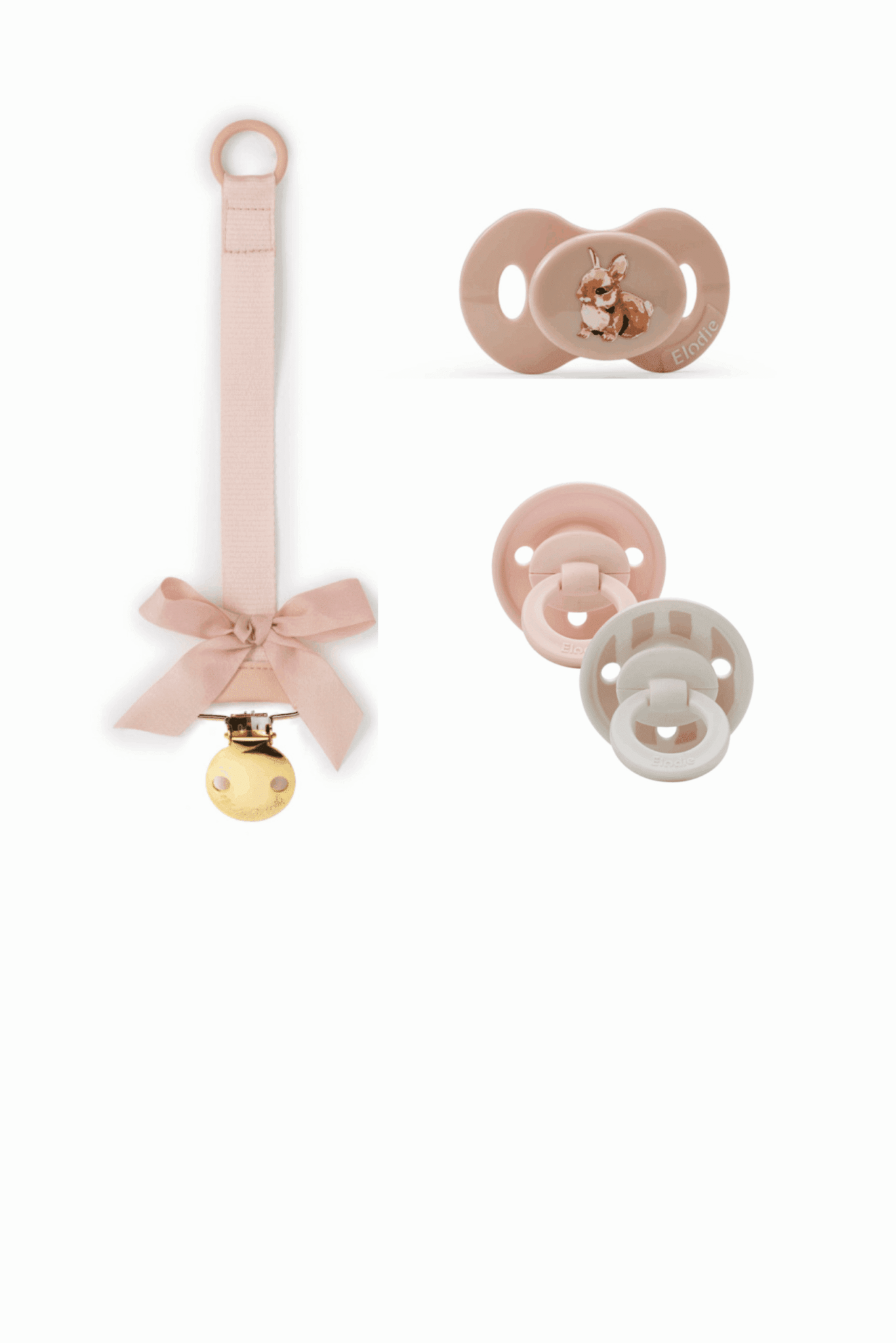 Pack Elodie Pink : attache-sucette à gauche, deux sucettes à droite (mini