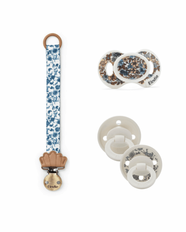 Pack Elodie Mineral Garden : attache-sucette à gauche, deux sucettes à