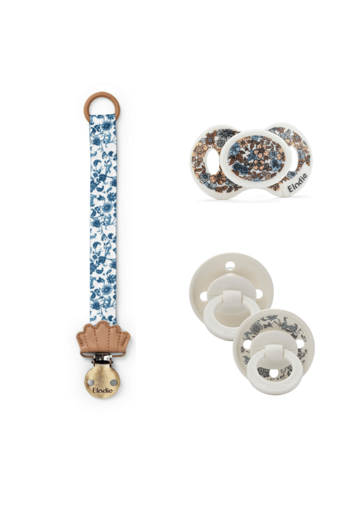 Pack Elodie Mineral Garden : attache-sucette à gauche, deux sucettes à