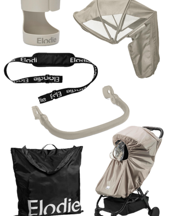 Pack Premium poussette Elodie MONDO couleur Moonshell avec porte-gobelet, auvent d’été, sangle de transport, barre de sécurité, housse pluie et sac de transport
