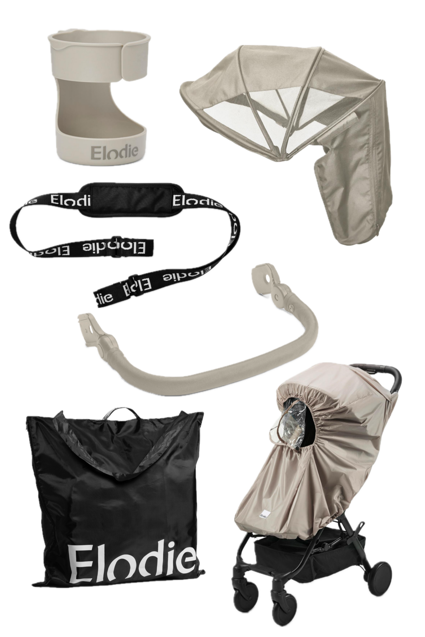 Pack Premium poussette Elodie MONDO couleur Moonshell avec porte-gobelet, auvent d’été, sangle de transport, barre de sécurité, housse pluie et sac de transport