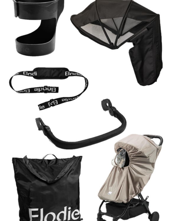 Pack Premium poussette Elodie MONDO noir avec porte-gobelet, auvent d’été black, sangle de transport, barre de sécurité, housse pluie et sac de transport