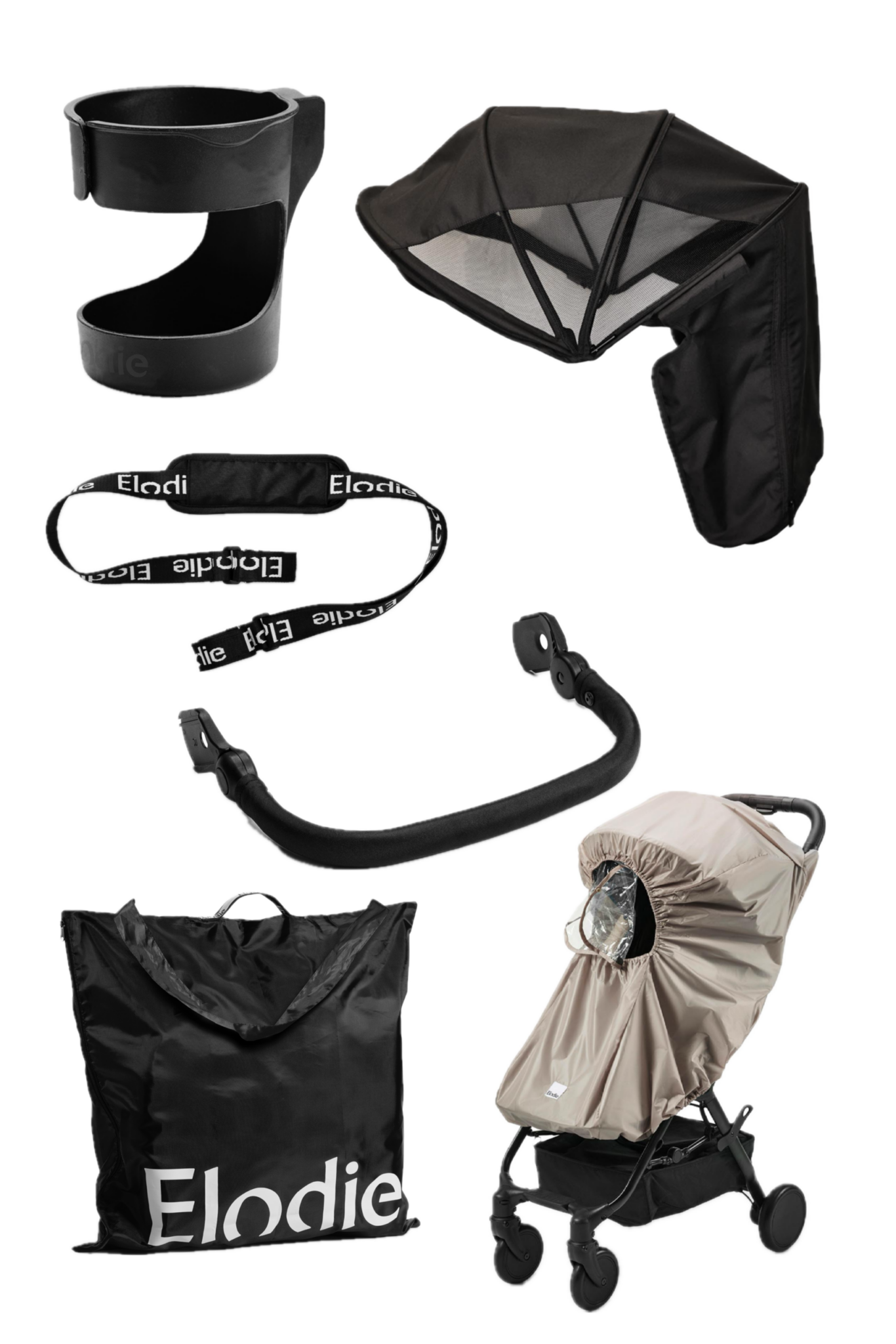 Pack Premium poussette Elodie MONDO noir avec porte-gobelet, auvent d’été black, sangle de transport, barre de sécurité, housse pluie et sac de transport