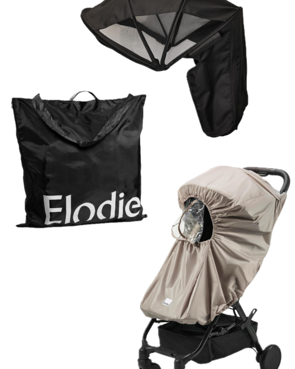 Pack Téméraire Naissantiel pour poussette Elodie MONDO noire avec auvent d’été noir, housse de pluie et sac de transport