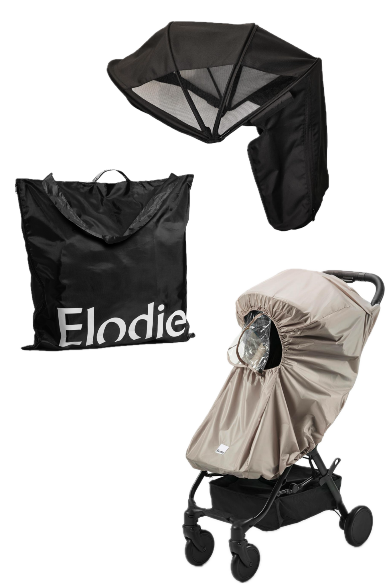 Pack Téméraire Naissantiel pour poussette Elodie MONDO noire avec auvent d’été noir, housse de pluie et sac de transport