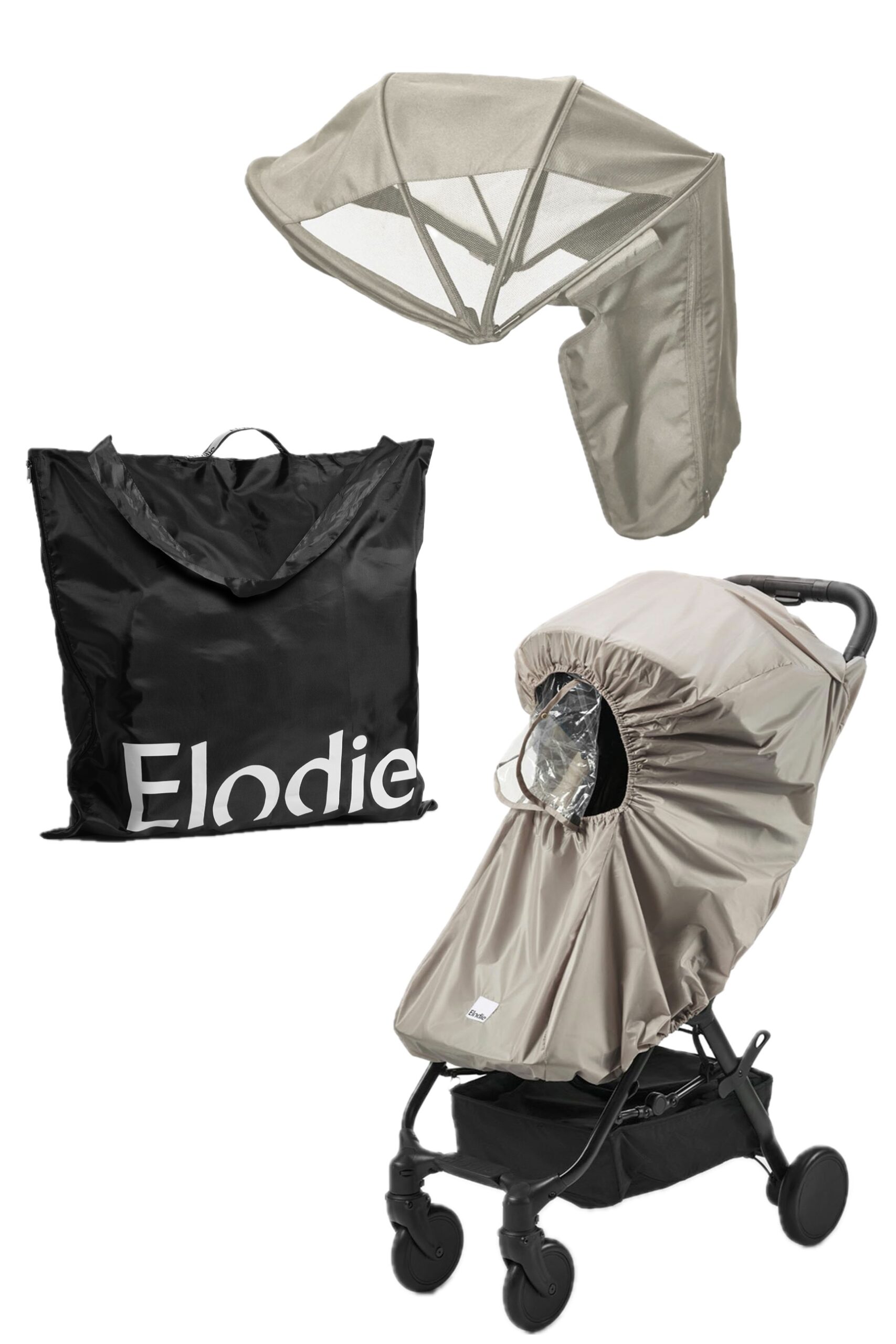 Pack Téméraire Naissantiel pour poussette Elodie MONDO Tender Taupe avec auvent d’été, housse de pluie et sac de transport