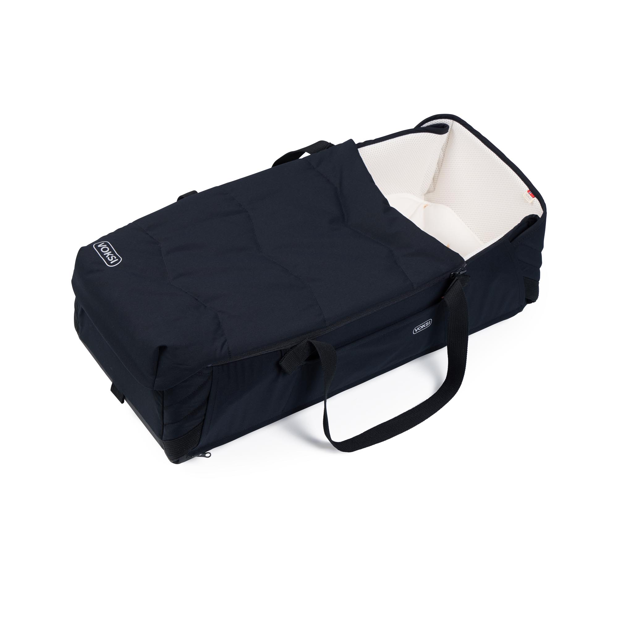 Couffin bébé Voksi Carry Me Black/Cream avec couverture zippée, protection coupe-vent pour sorties et siestes