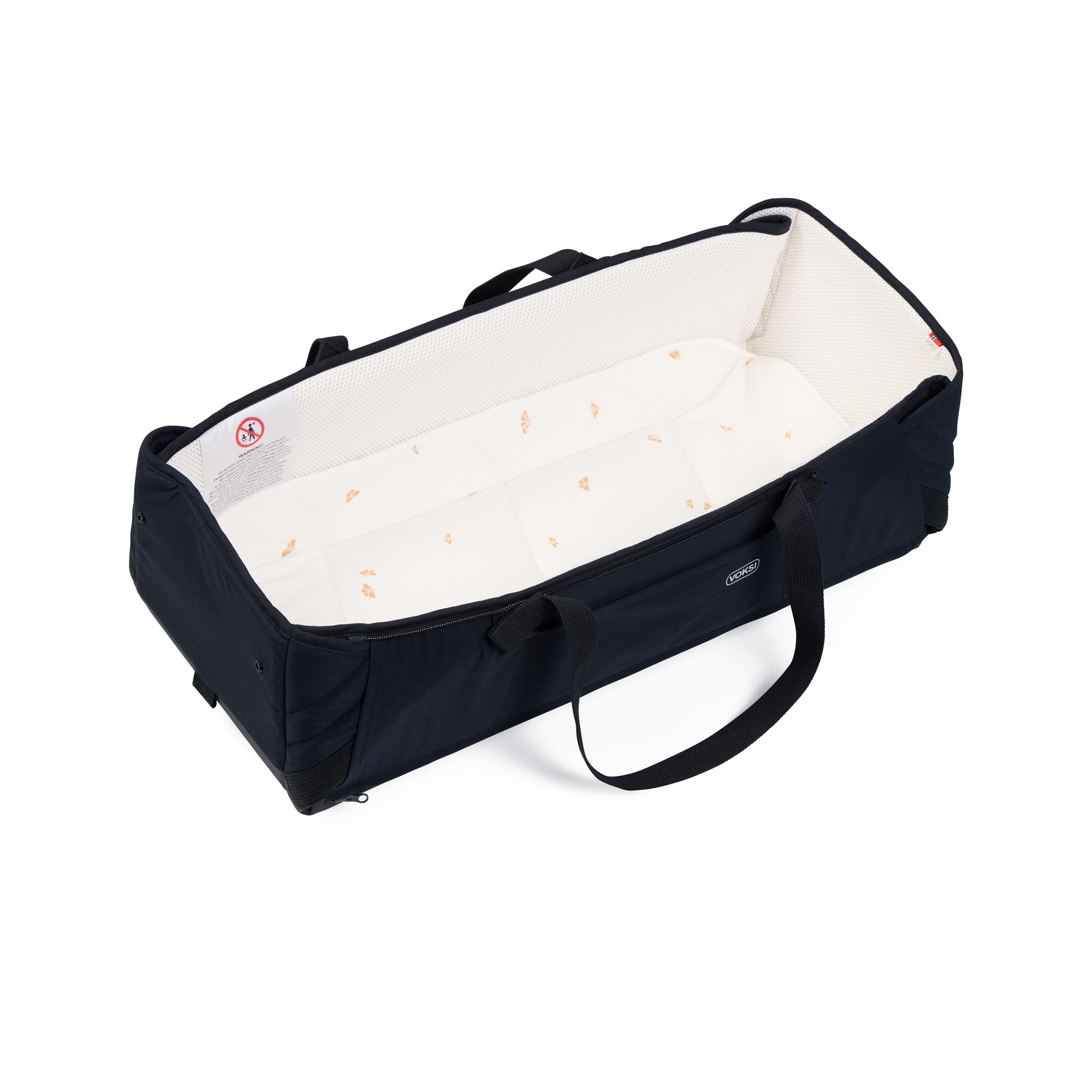 Couffin de portage bébé Voksi Carry Me Black/Cream ouvert, intérieur mesh 3D respirant et matelas en coton biologique