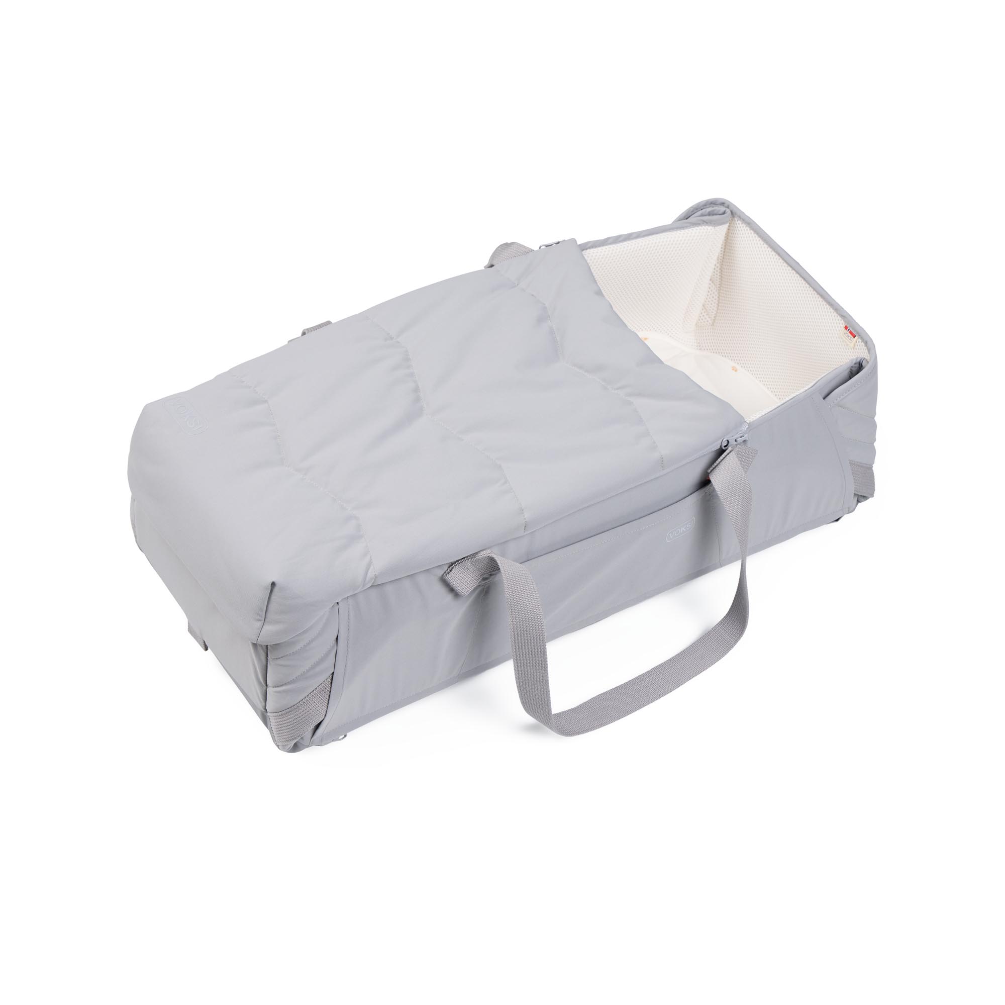 Voksi Carry Me Grey/Cream avec couverture zippée, couffin portable bébé avec protection vent et déperlant