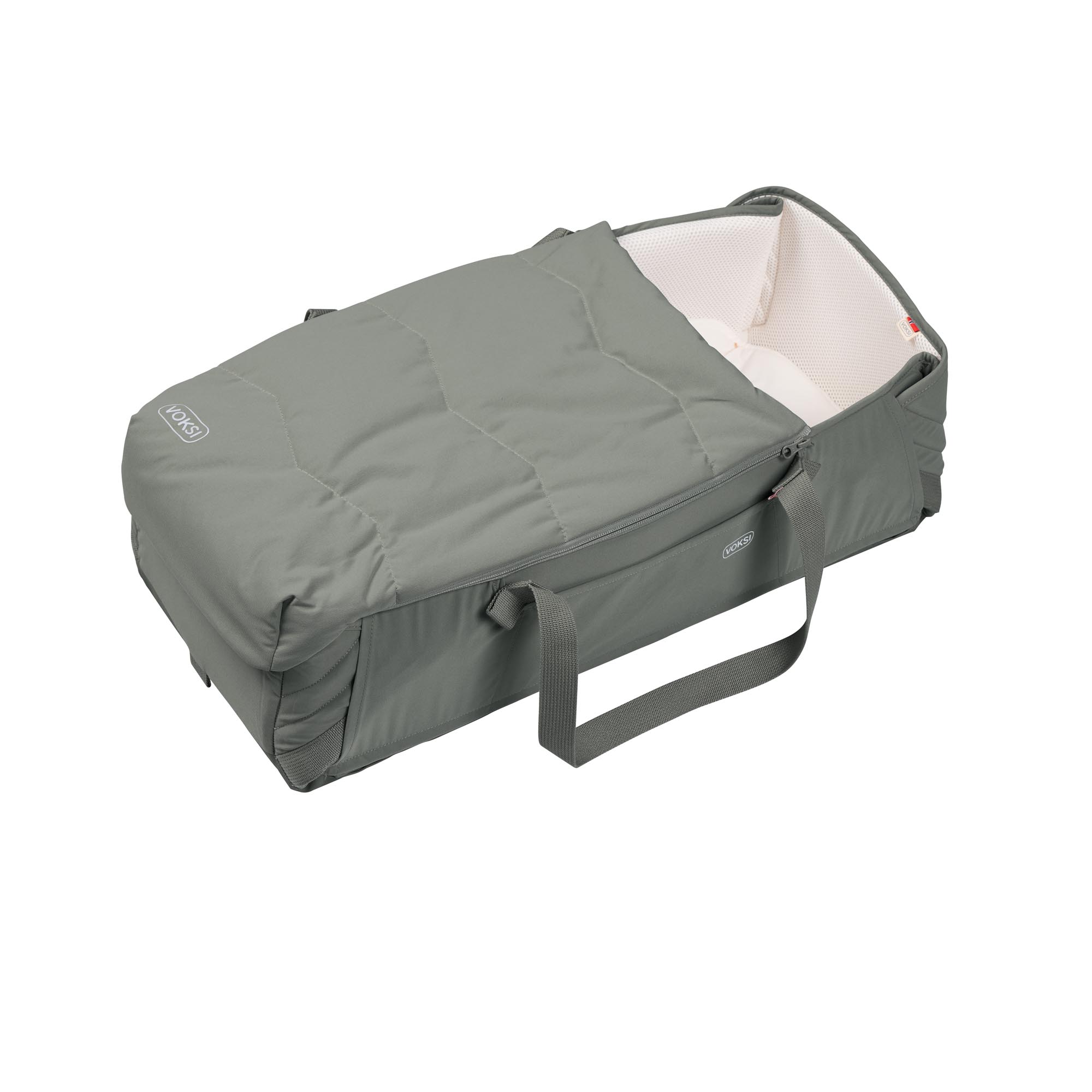 Couffin nomade Voksi Carry Me vert meadow et crème avec housse zippée coupe-vent et déperlante.