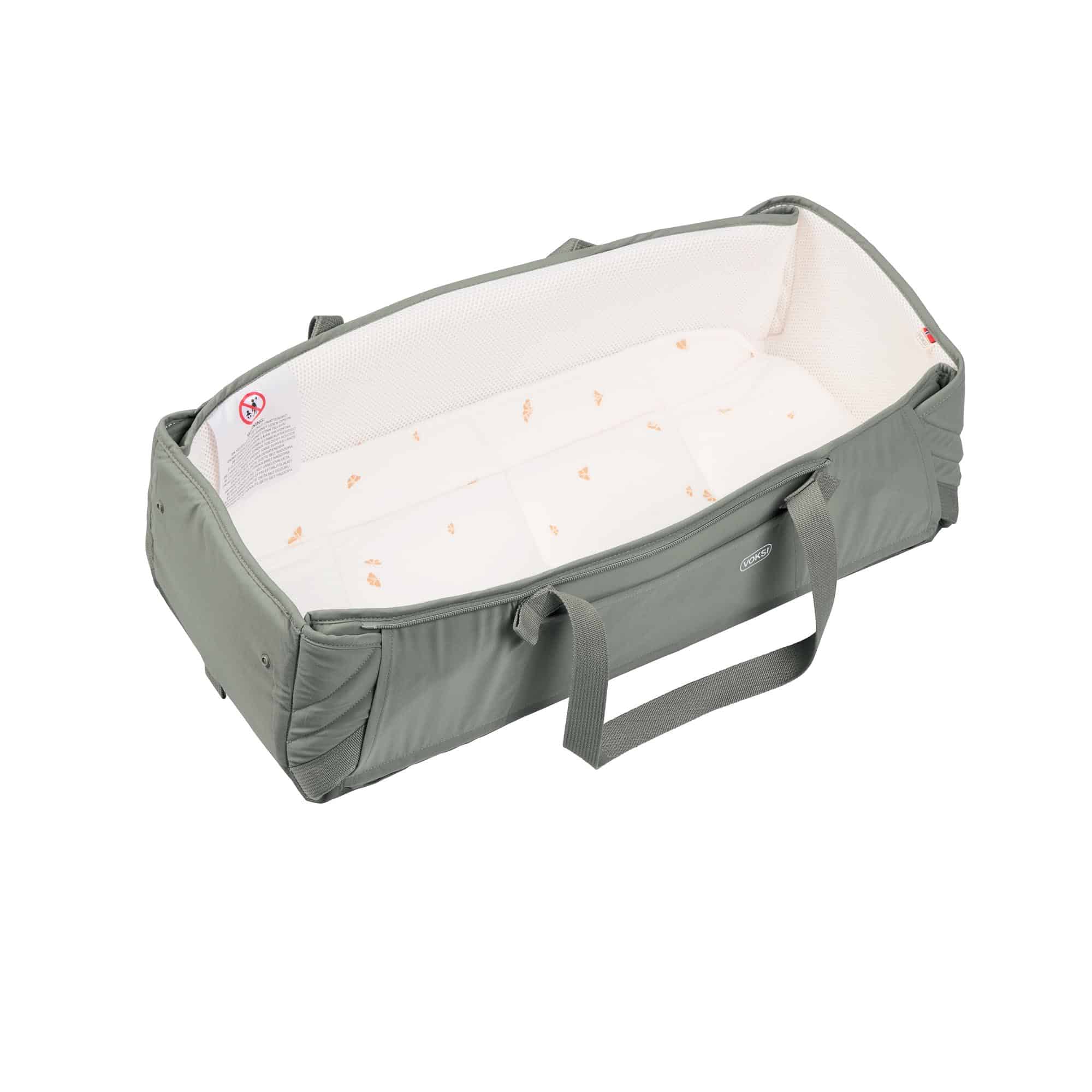 Couffin nomade Voksi Carry Me vert meadow et crème, intérieur mesh 3D respirant, matelas coton bio.