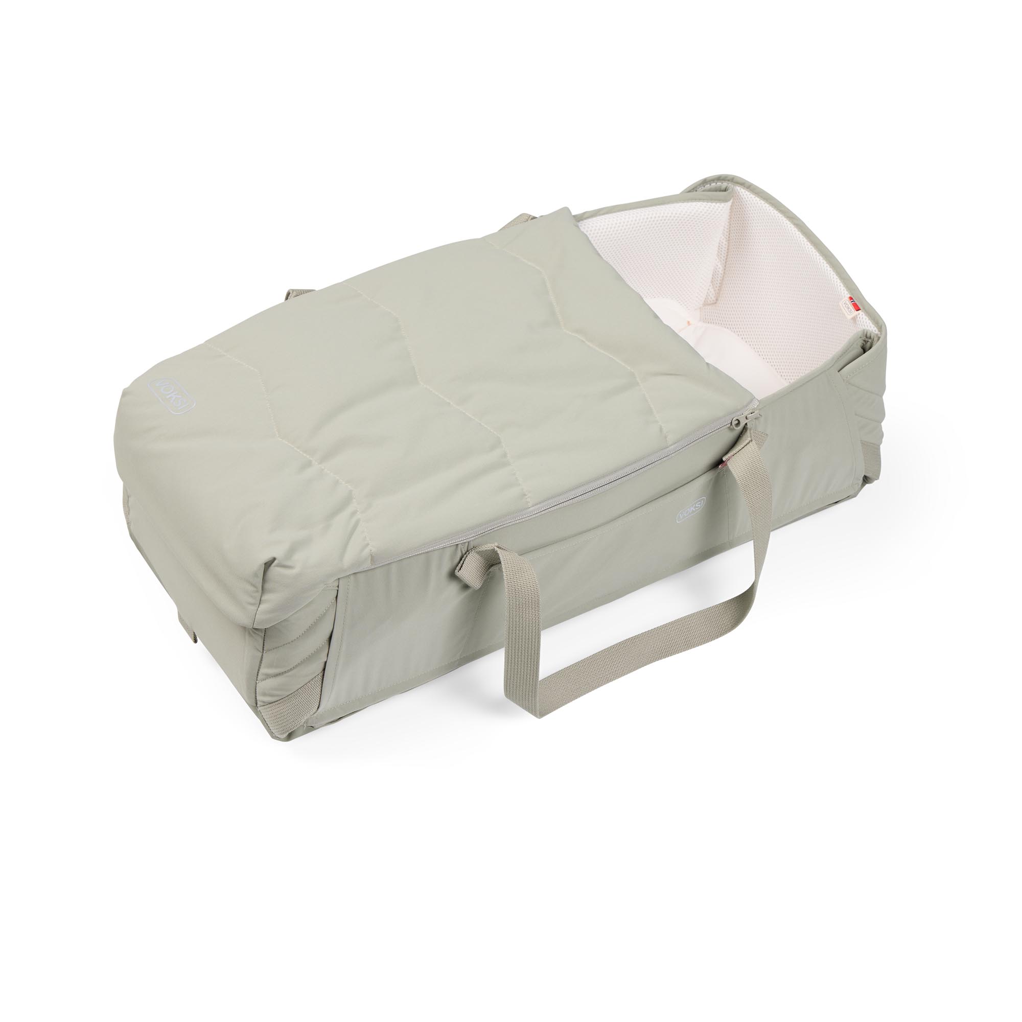 Voksi Carry Me Misty Green Cream avec couverture rabattue, vue 3/4