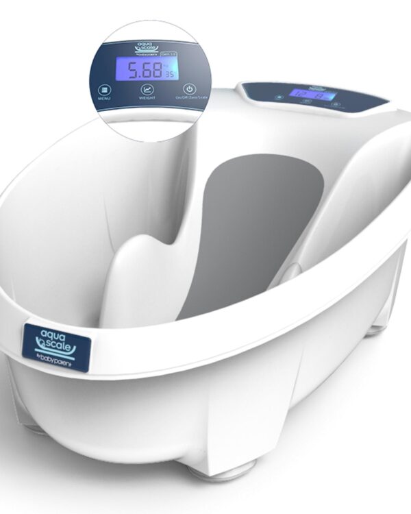 Baignoire bébé Aquascale Baby Patent avec zoom sur l’écran de balance digitale