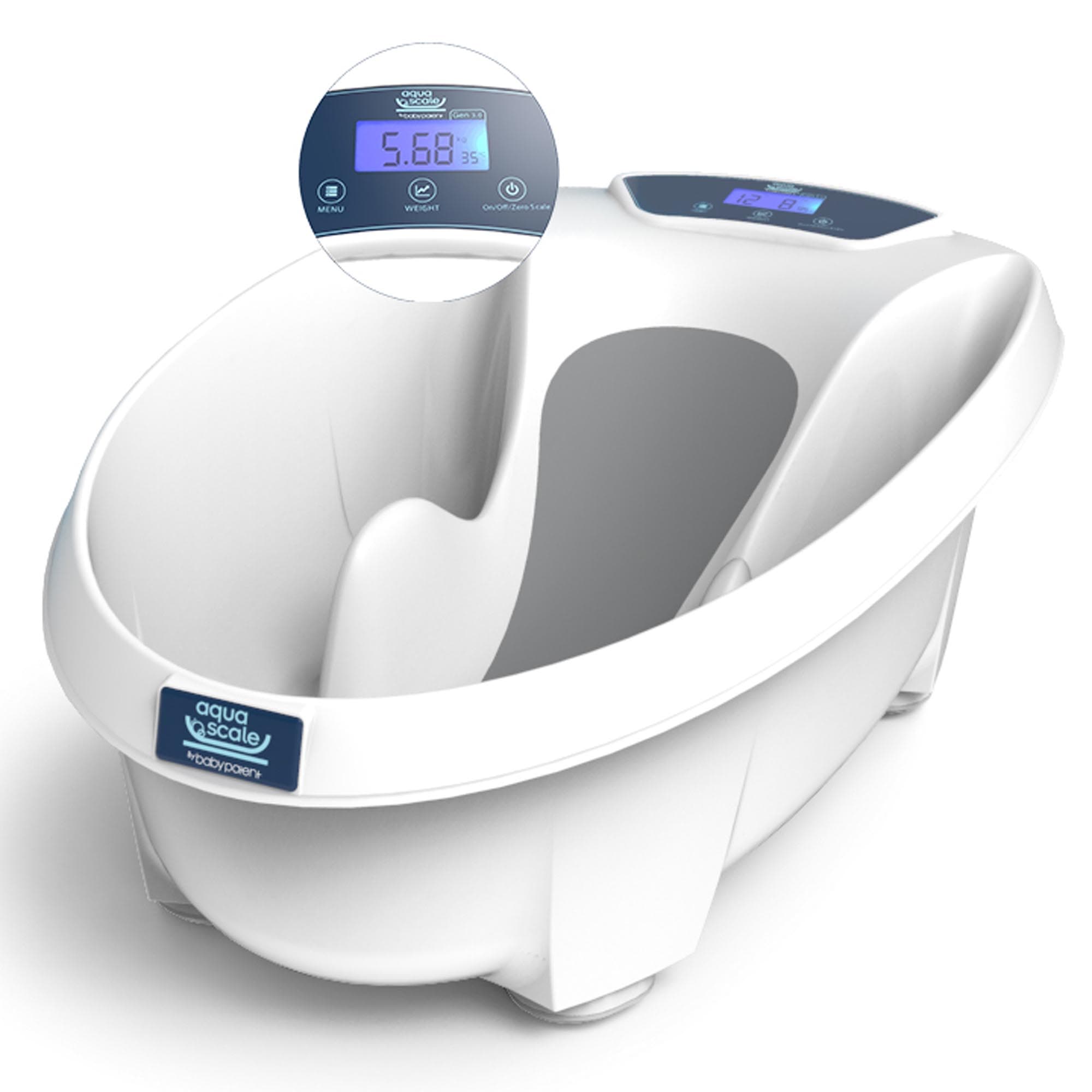 Baignoire bébé Aquascale Baby Patent avec zoom sur l’écran de balance digitale