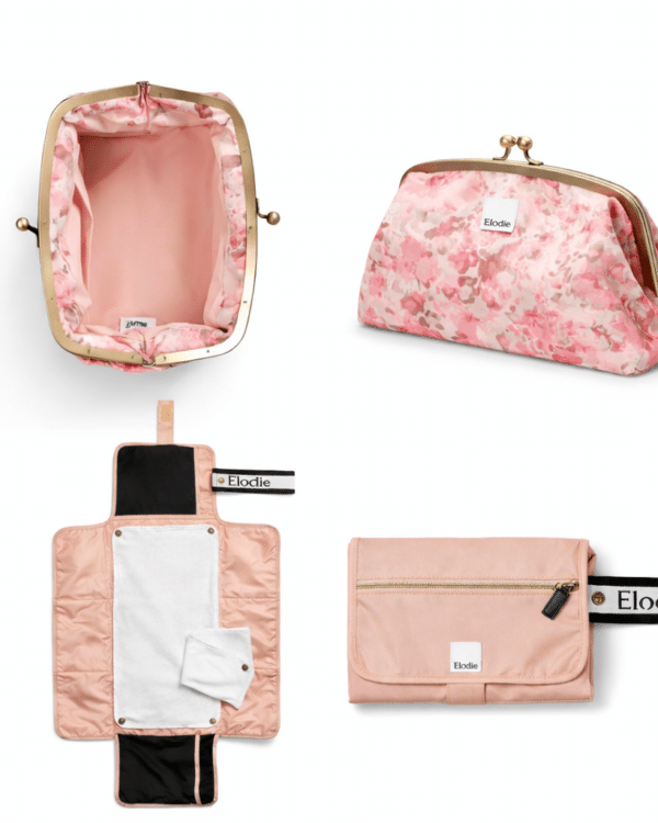 Pack change nomade Elodie River Rose et Blushing Pink avec trousse de toilette et tapis à langer transportable en 4 vues