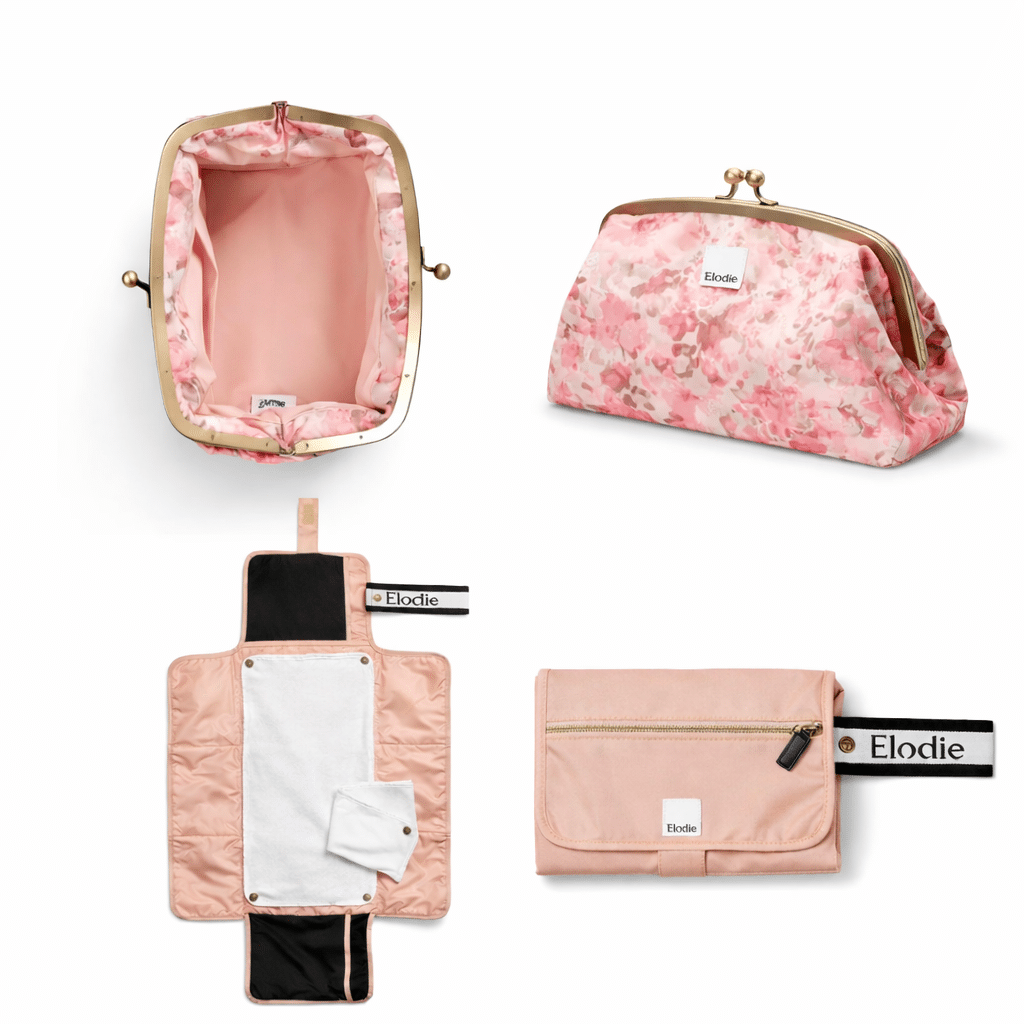 Pack change nomade Elodie River Rose et Blushing Pink avec trousse de toilette et tapis à langer transportable en 4 vues