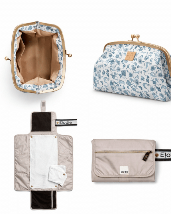 Pack change nomade Elodie Garden Leo et Moonshell avec trousse de toilette florale et tapis à langer transportable en 4 vues