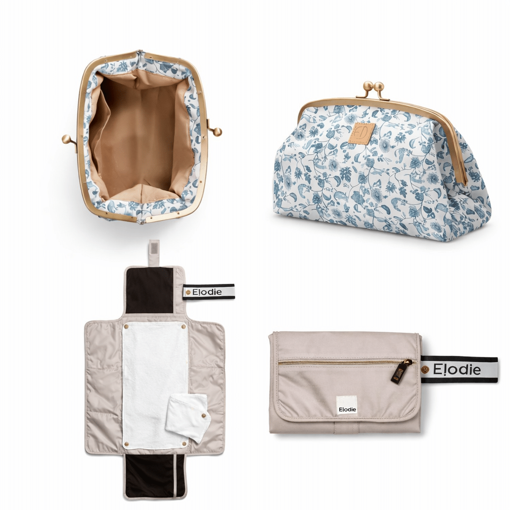 Pack change nomade Elodie Garden Leo et Moonshell avec trousse de toilette florale et tapis à langer transportable en 4 vues