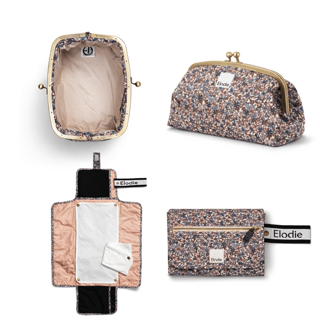Pack change nomade Elodie Blue Garden avec trousse de toilette et tapis à langer transportable en 4 vues
