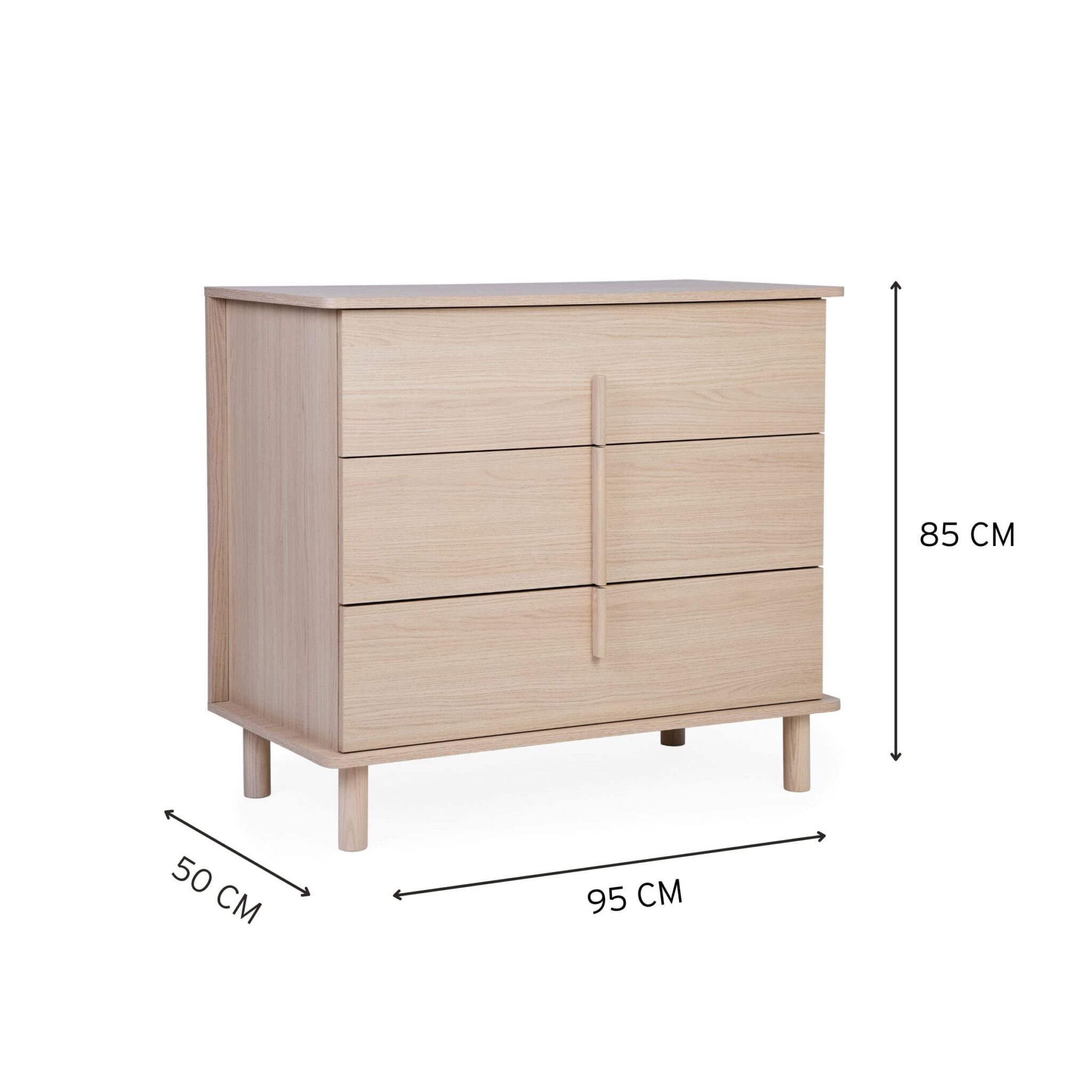 Dimensions de la commode bébé Childhome Nordica Natural avec trois tiroirs
