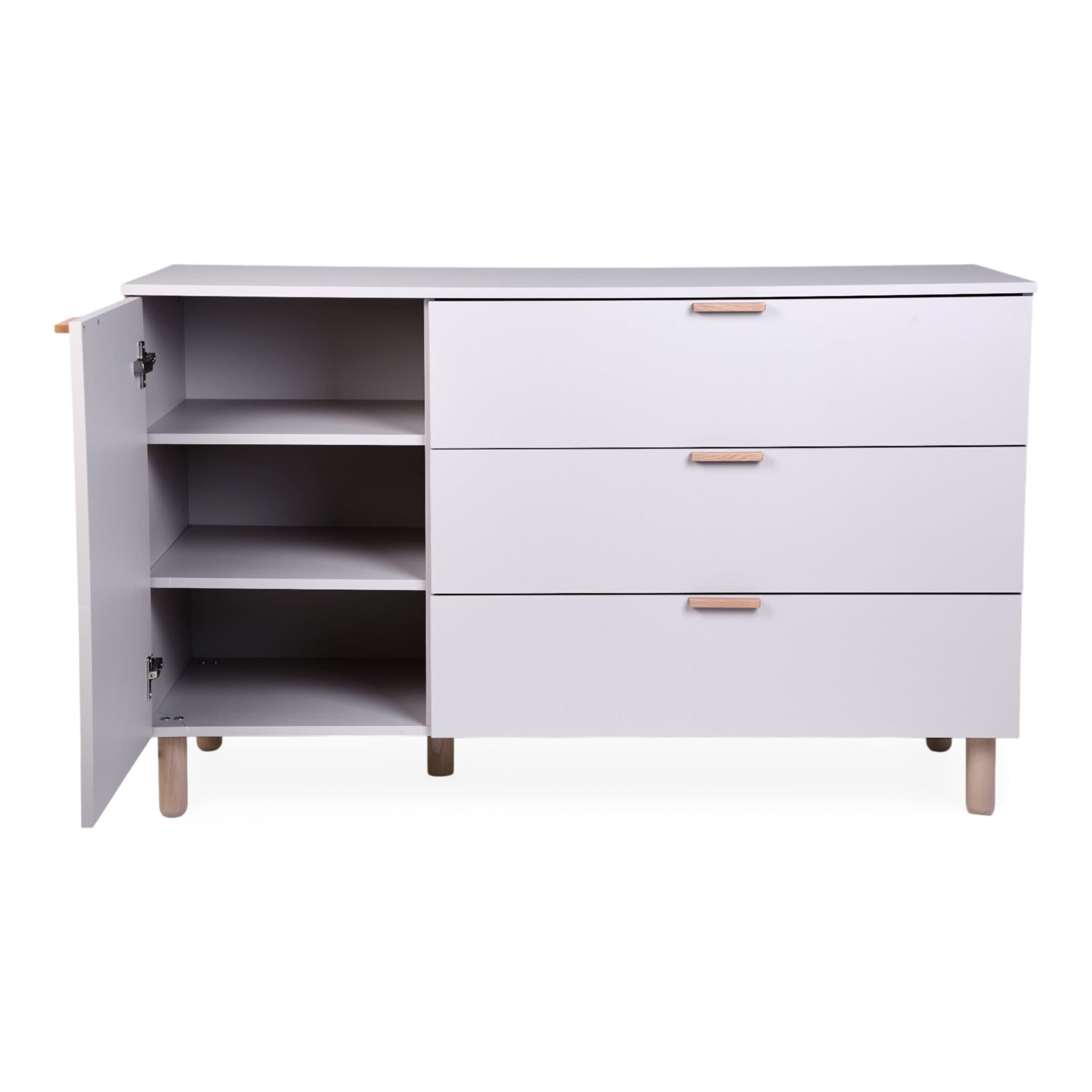 Commode bébé Childhome coloris Clay avec porte ouverte et étagères de rangement