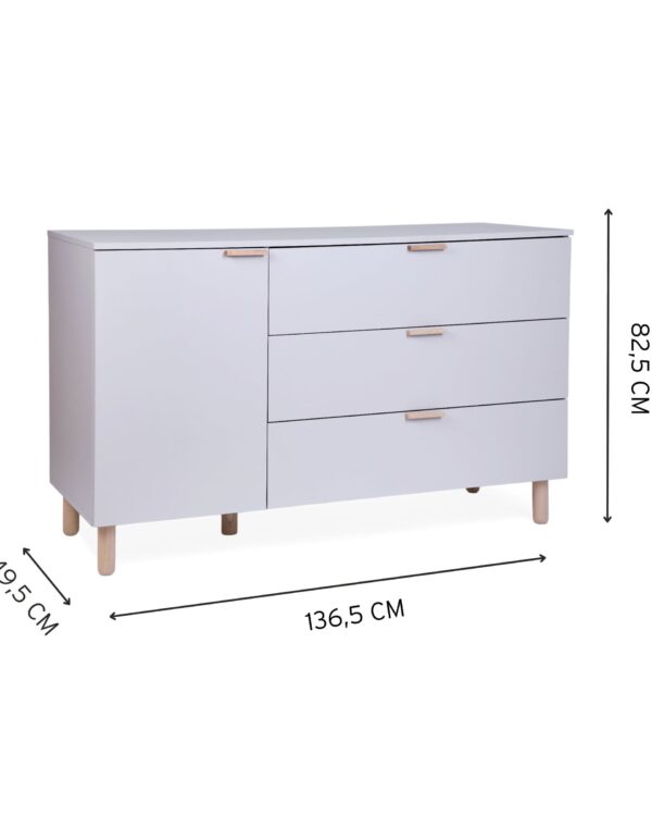 Dimensions de la commode bébé Childhome coloris Clay avec porte et trois tiroirs