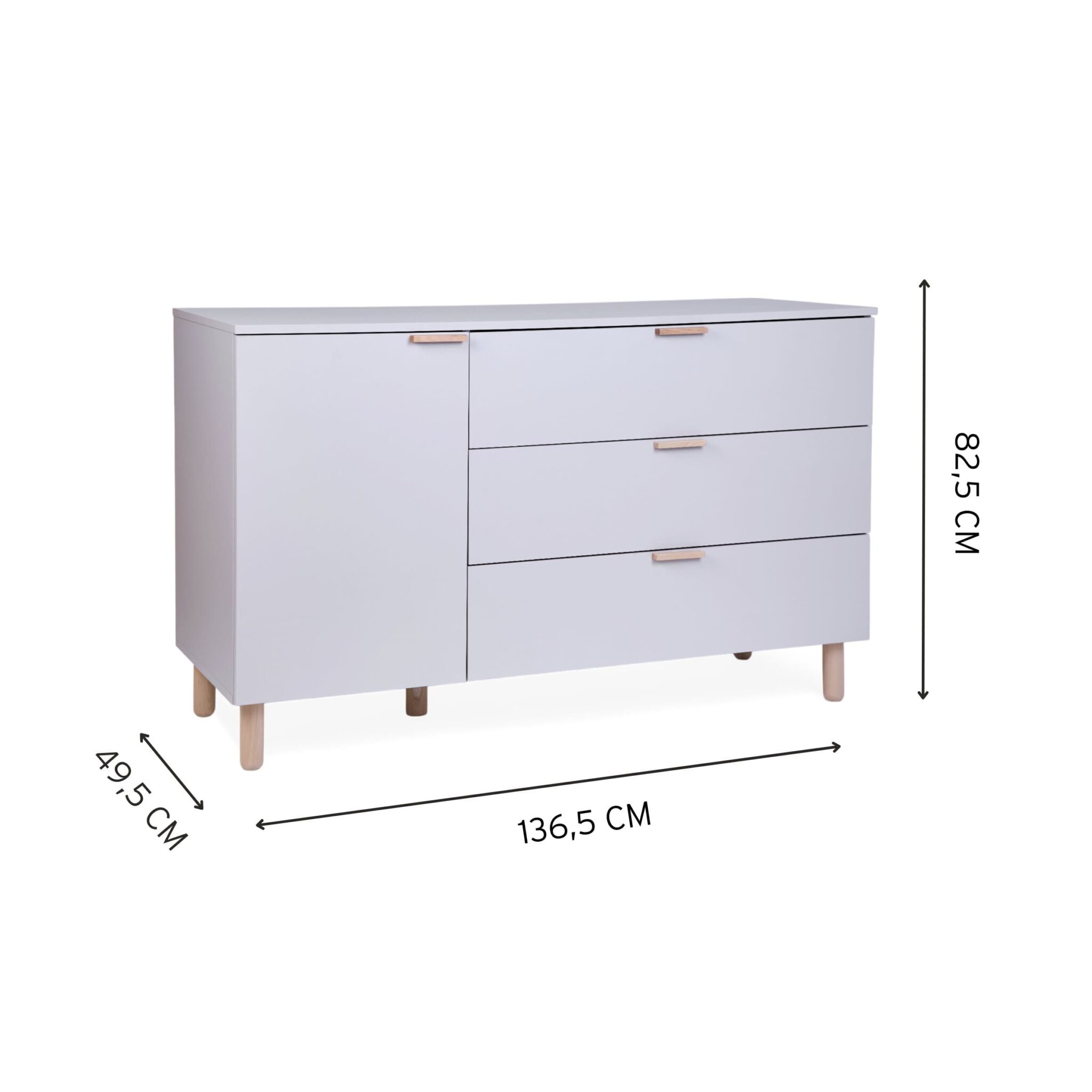Dimensions de la commode bébé Childhome coloris Clay avec porte et trois tiroirs