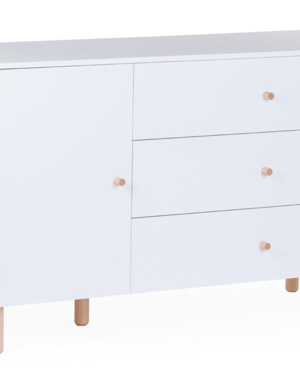 Vue 3/4 de la commode bébé Childhome Wonder White avec trois tiroirs et une porte