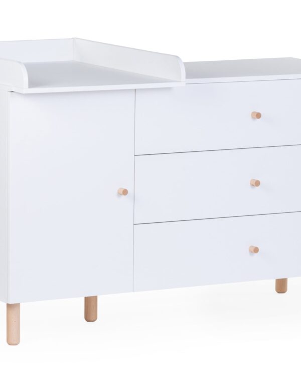 Vue 3/4 de la commode bébé Childhome Wonder White avec plan à langer amovible