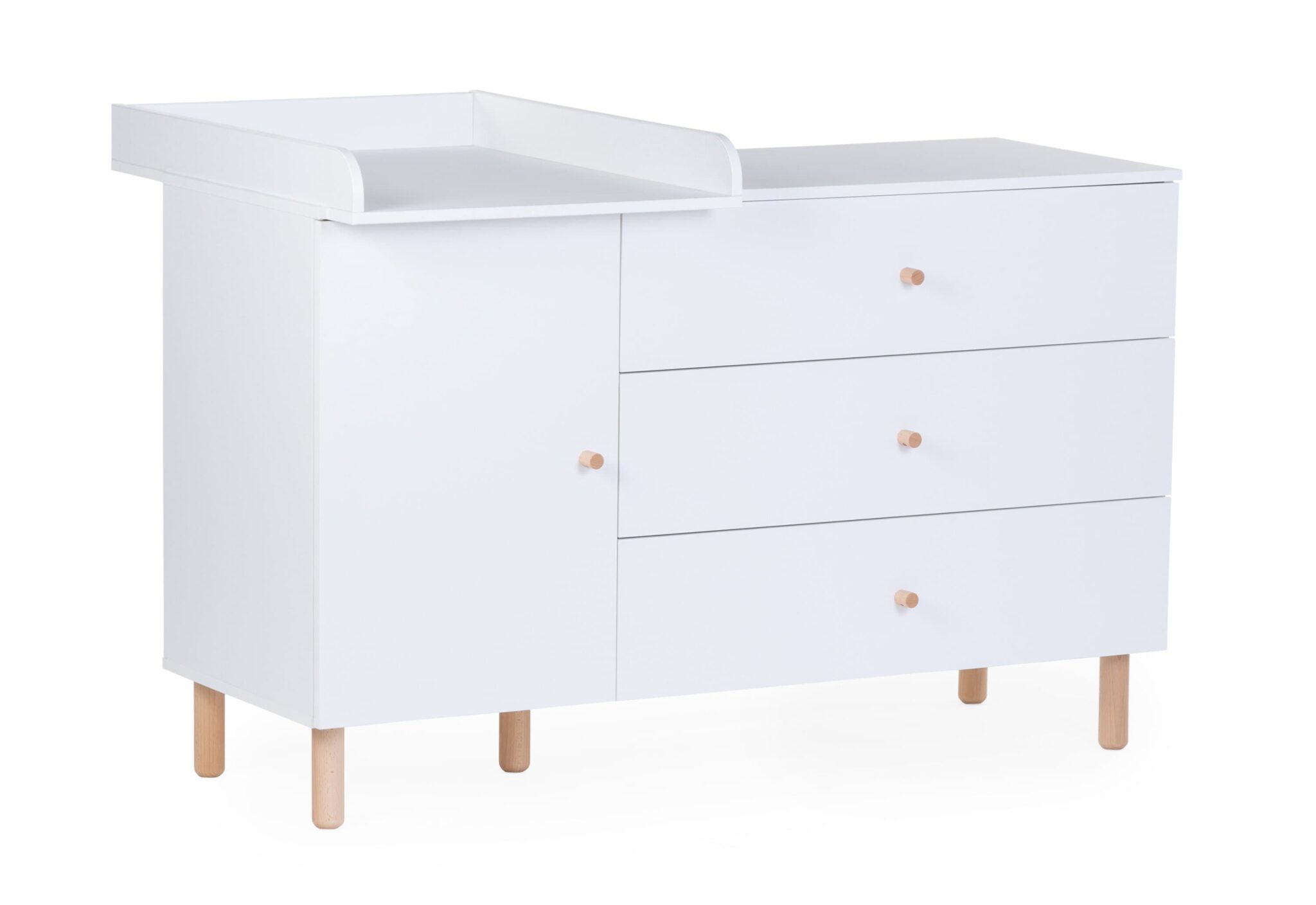 Vue 3/4 de la commode bébé Childhome Wonder White avec plan à langer amovible