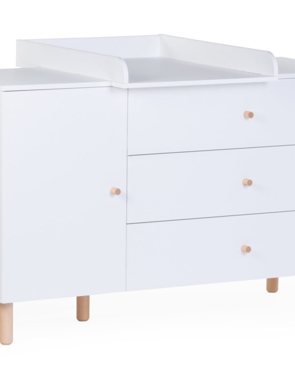 Commode bébé Childhome Wonder White avec plan à langer amovible vue de trois quarts