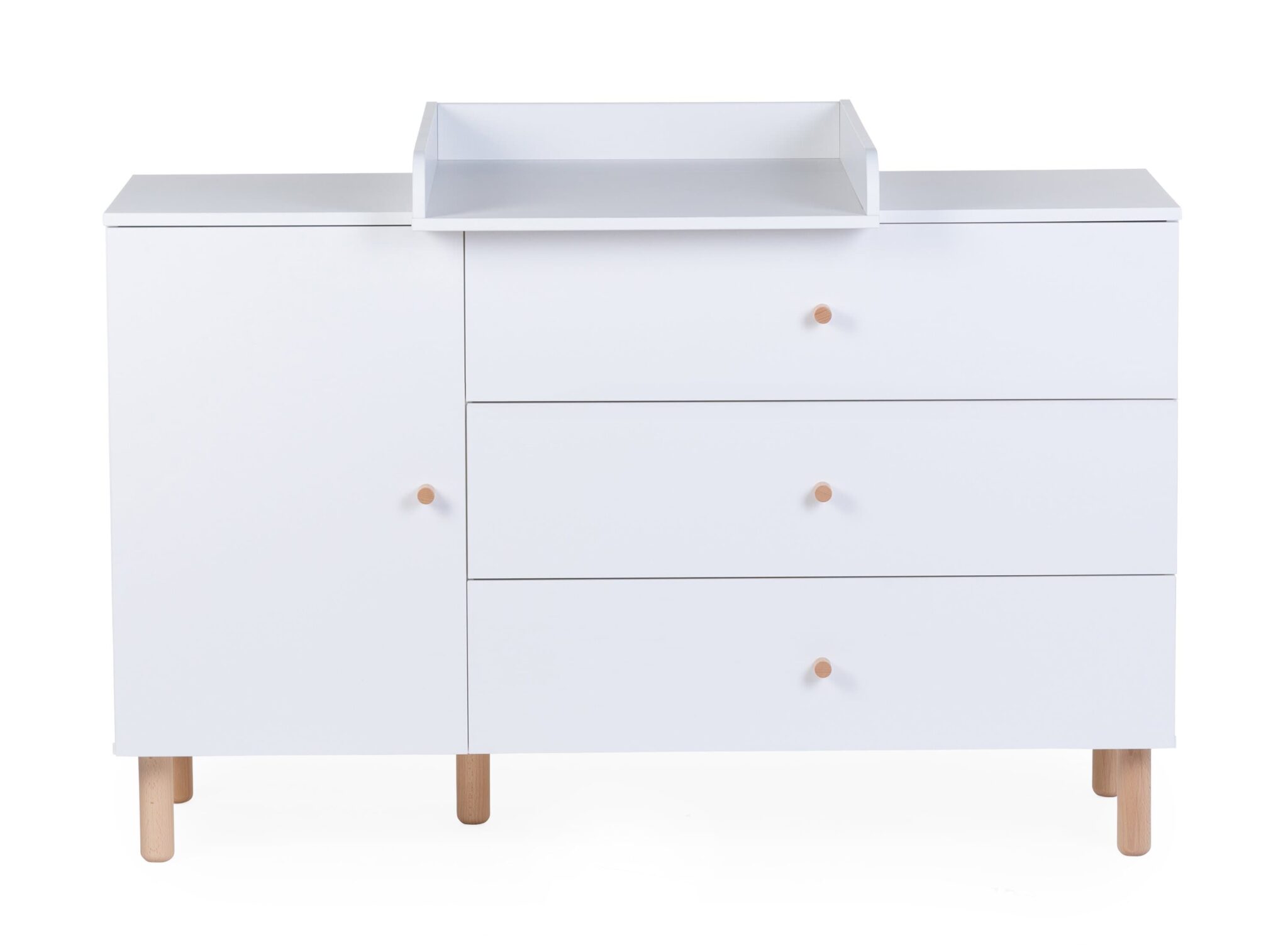 Vue de face de la commode bébé Childhome Wonder White avec plan à langer amovible