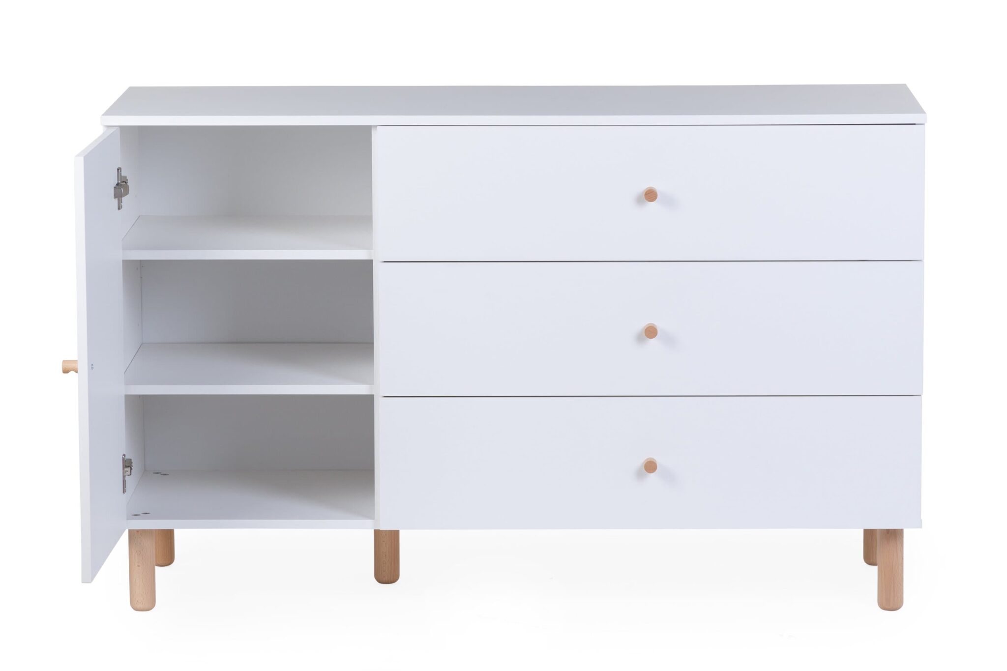 Commode bébé Childhome Wonder White avec porte ouverte et étagères intérieures