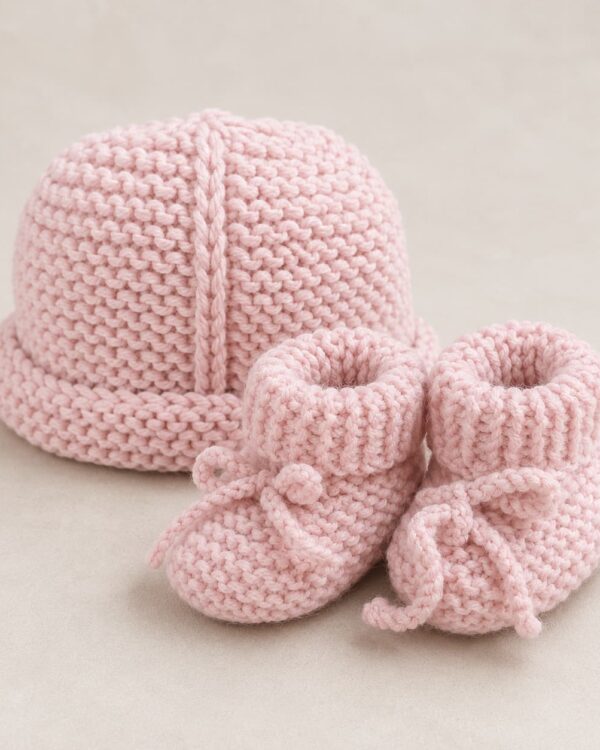 Pack bonnet et chaussons bébé rose ancien en laine mérinos tricotés en France Ma Petite Laine
