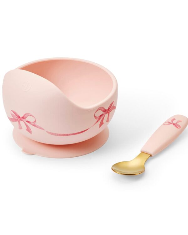 Bol bébé Elodie Rosy Bow en silicone avec cuillère assortie