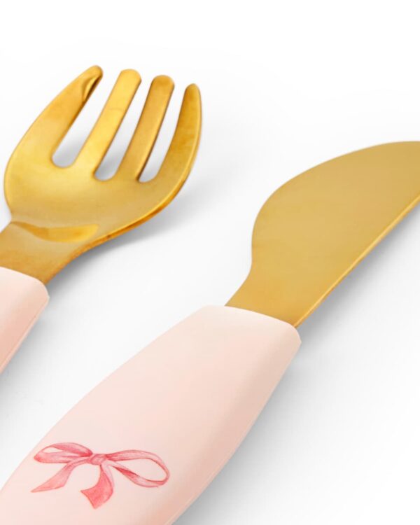 Fourchette et couteau bébé Elodie Rosy Bow avec manches en silicone
