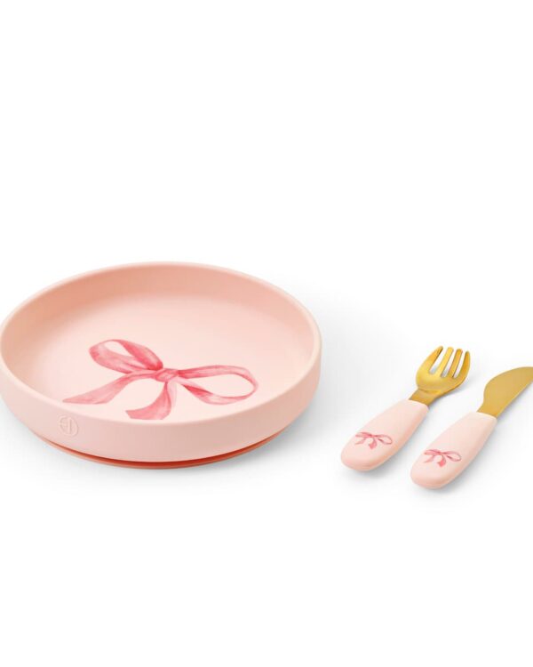Assiette ventouse bébé Elodie Rosy Bow avec fourchette et couteau assortis