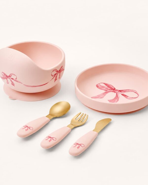 Pack repas bébé Elodie Rosy Bow avec bol ventouse assiette ventouse et couverts