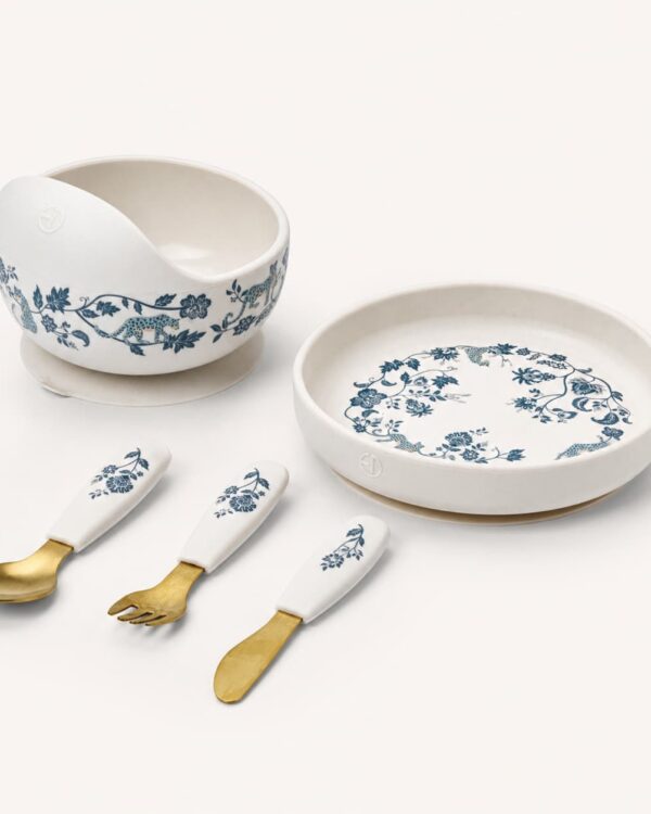Pack repas bébé Elodie Garden Leo Toile avec bol ventouse assiette ventouse et couverts