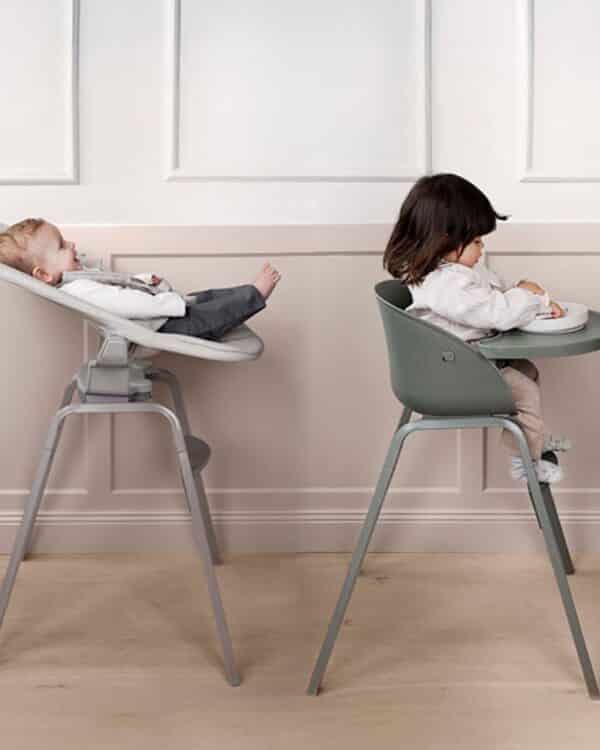 Écosystème Elodie GRACE avec transat nouveau-né, siège sur chaise haute et chaise évolutive enfant