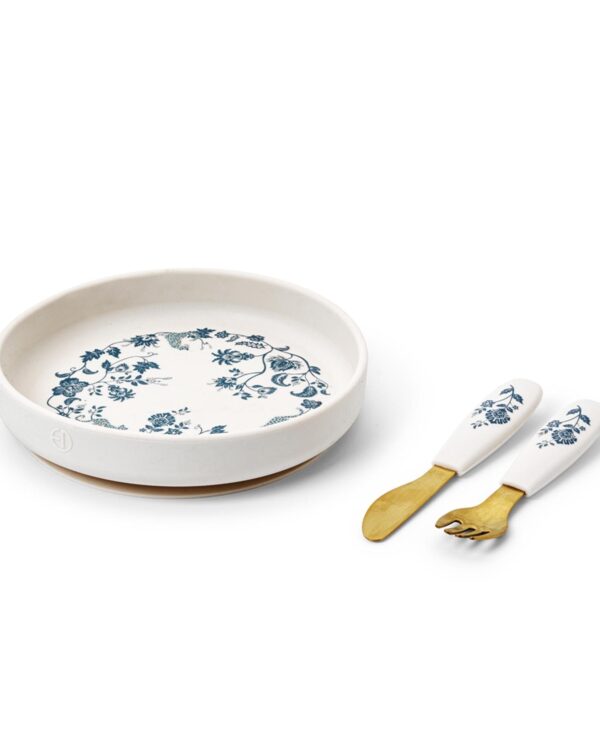 Assiette ventouse bébé Elodie Garden Leo Toile avec fourchette et couteau assortis